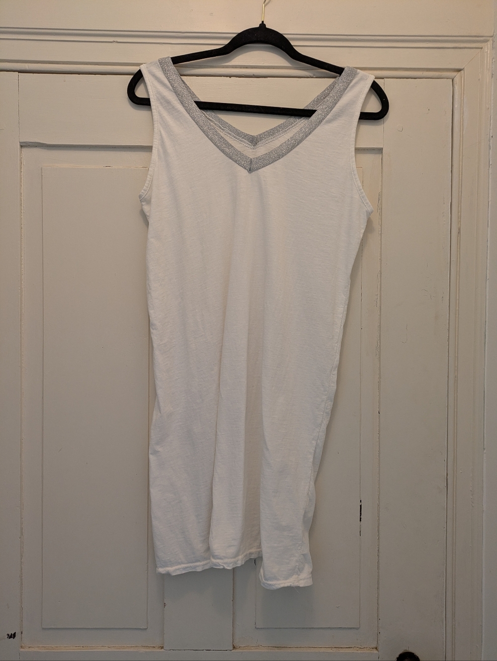 White w/ Silver Neckline V Neck Mini Dress 100% Cotton Made In Italy- M